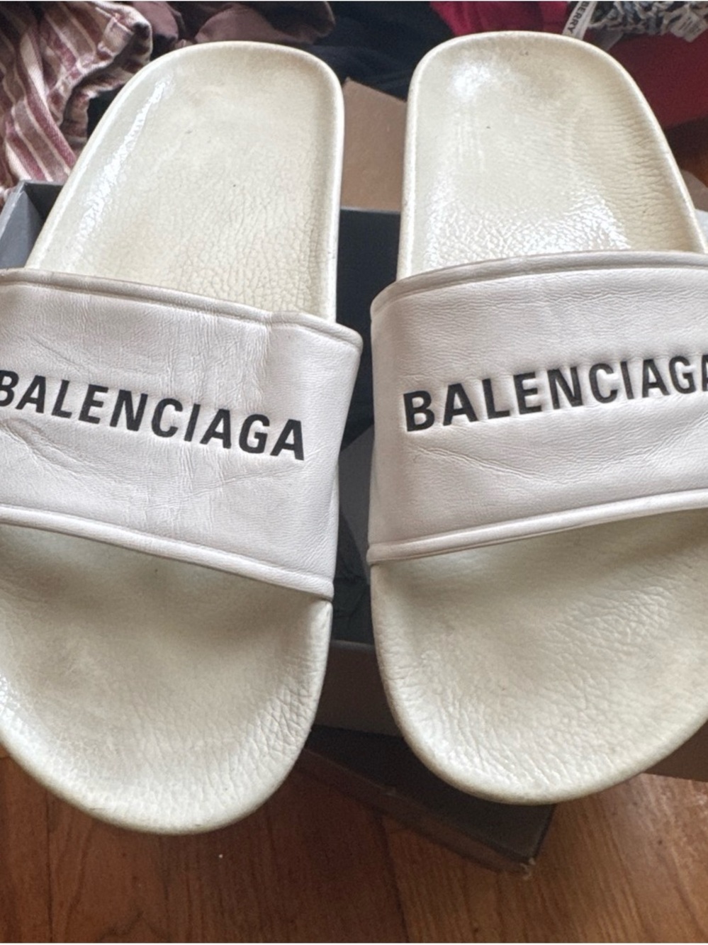 Balenciaga White and Black Logo Leather Slide Sandals
